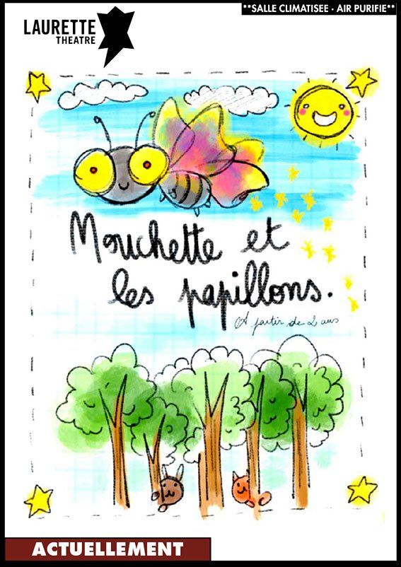 Couverture de livre avec une chenille et un papillon de dessin animé, des nuages, des étoiles, des arbres et le titre « Mouchette et les papillons ».