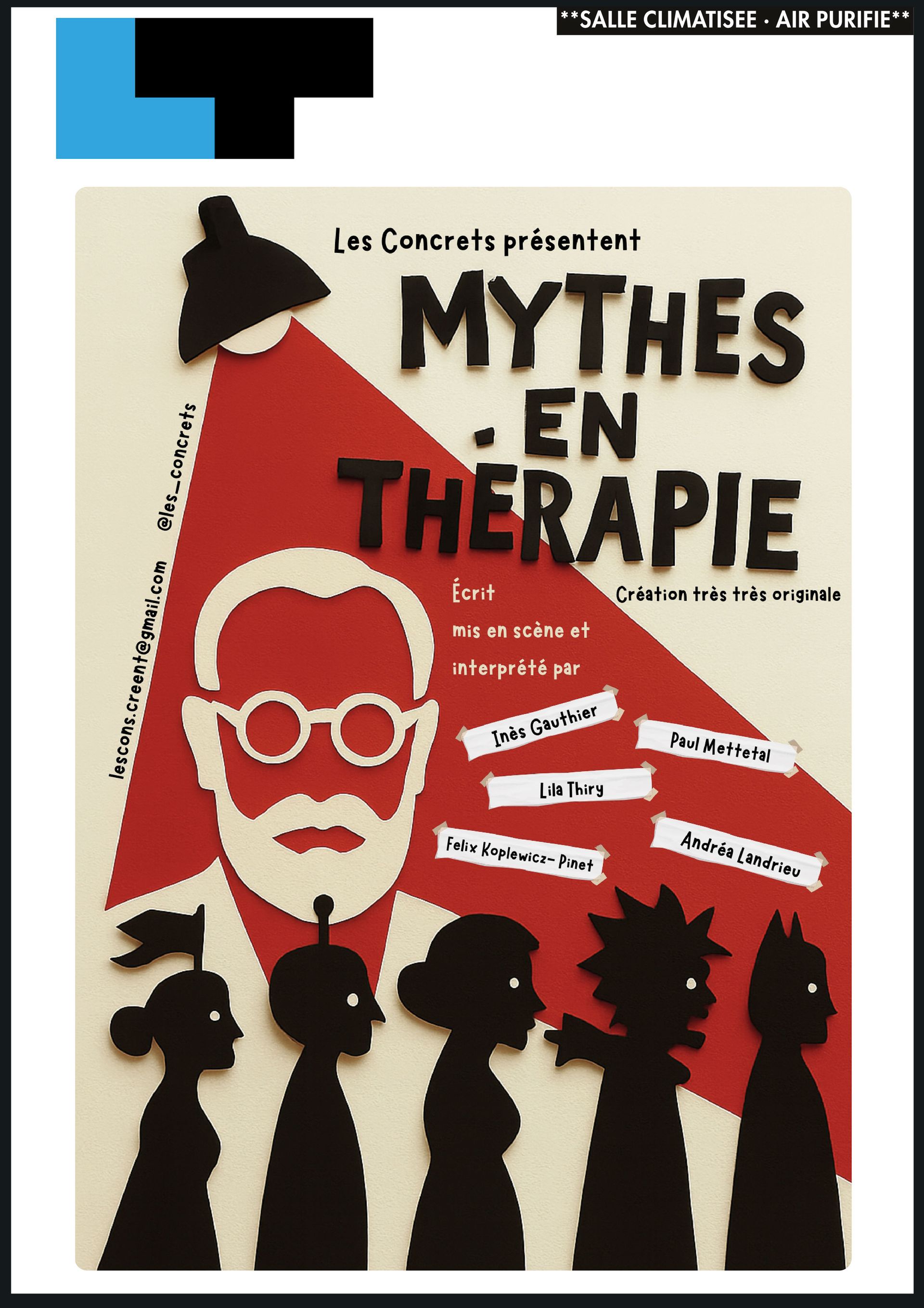 Couverture du livre portant l'inscription « MYTHES EN THÉRAPIE » avec une illustration rouge et noire d'un homme et de silhouettes.