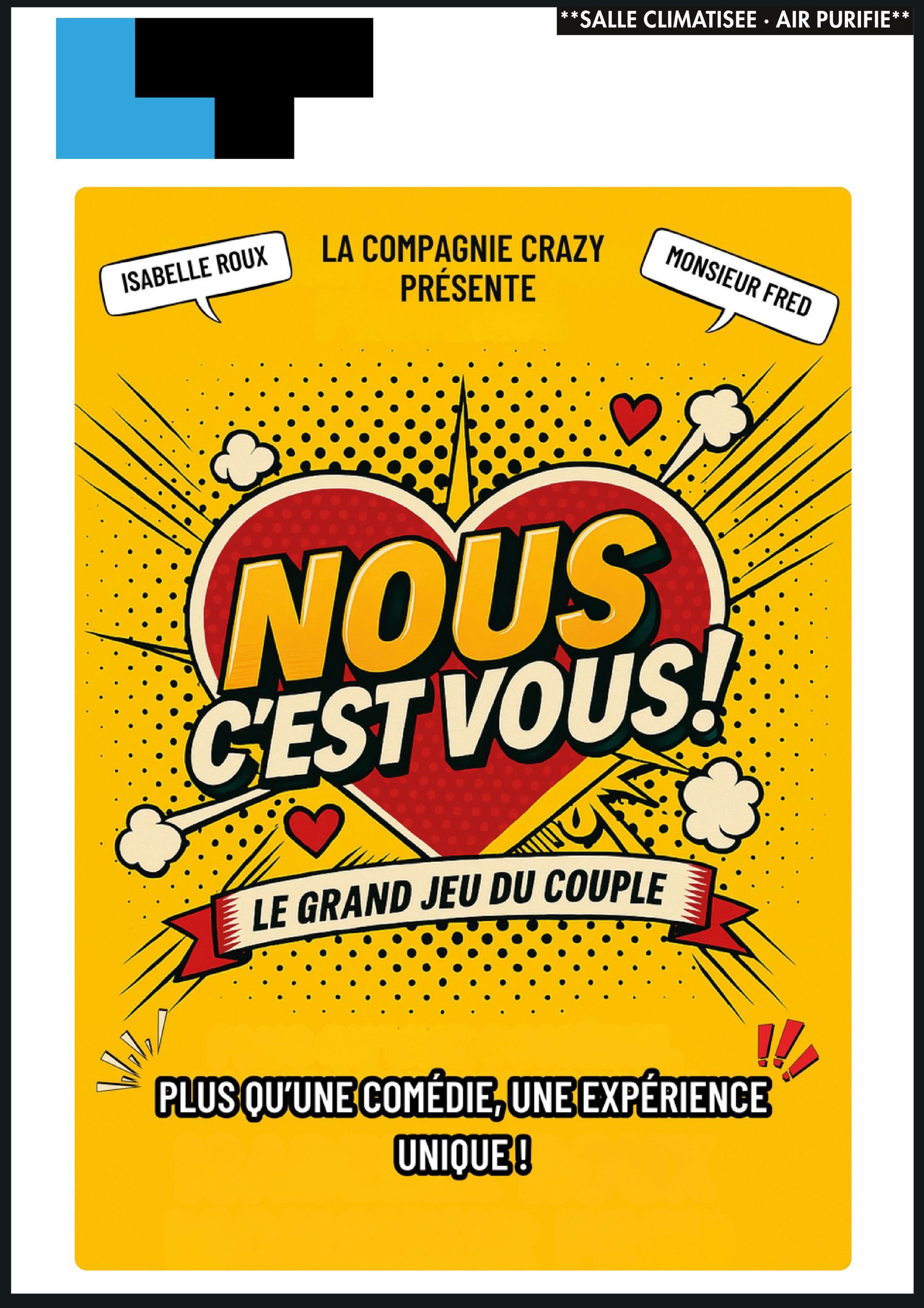 Affiche jaune et noire de jeu de couple « Nous, c’est vous ! », avec texte promotionnel en français.