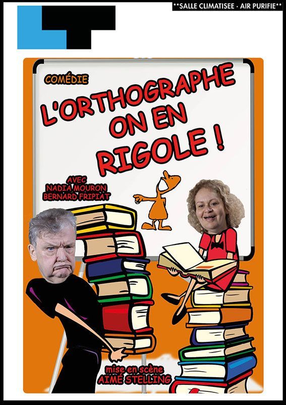 Couverture de livre illustrée : « L'orthographe, on en rigole ! » avec des livres empilés, deux visages découpés et un chat orange qui rit.