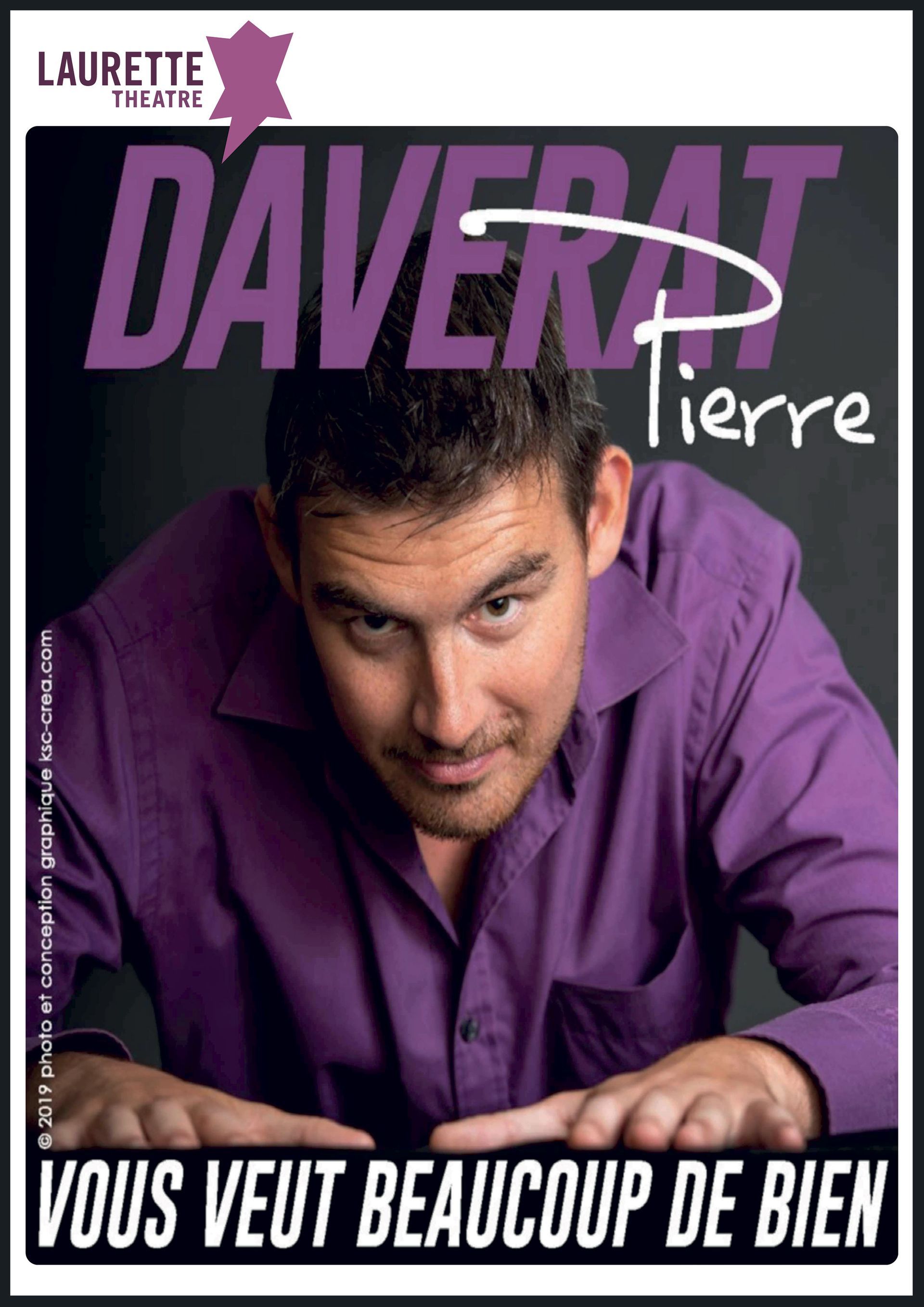 Album cover of Pierre Daverat in a purple shirt, leaning forward with “Vous veut beaucoup de bien” text