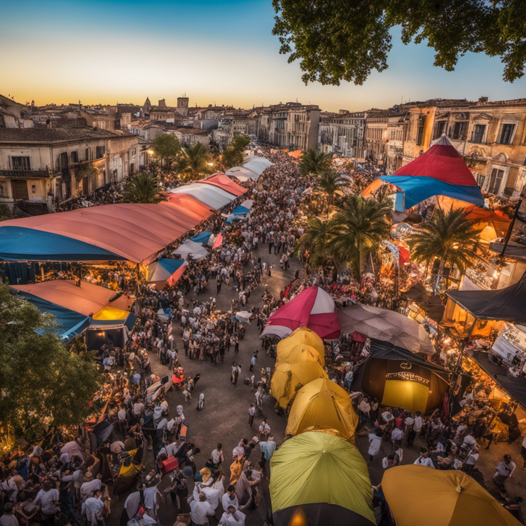 Gün batımında, rengarenk tezgahlar, insanlar ve palmiye ağaçlarıyla dolu, canlı bir sokak festivali.