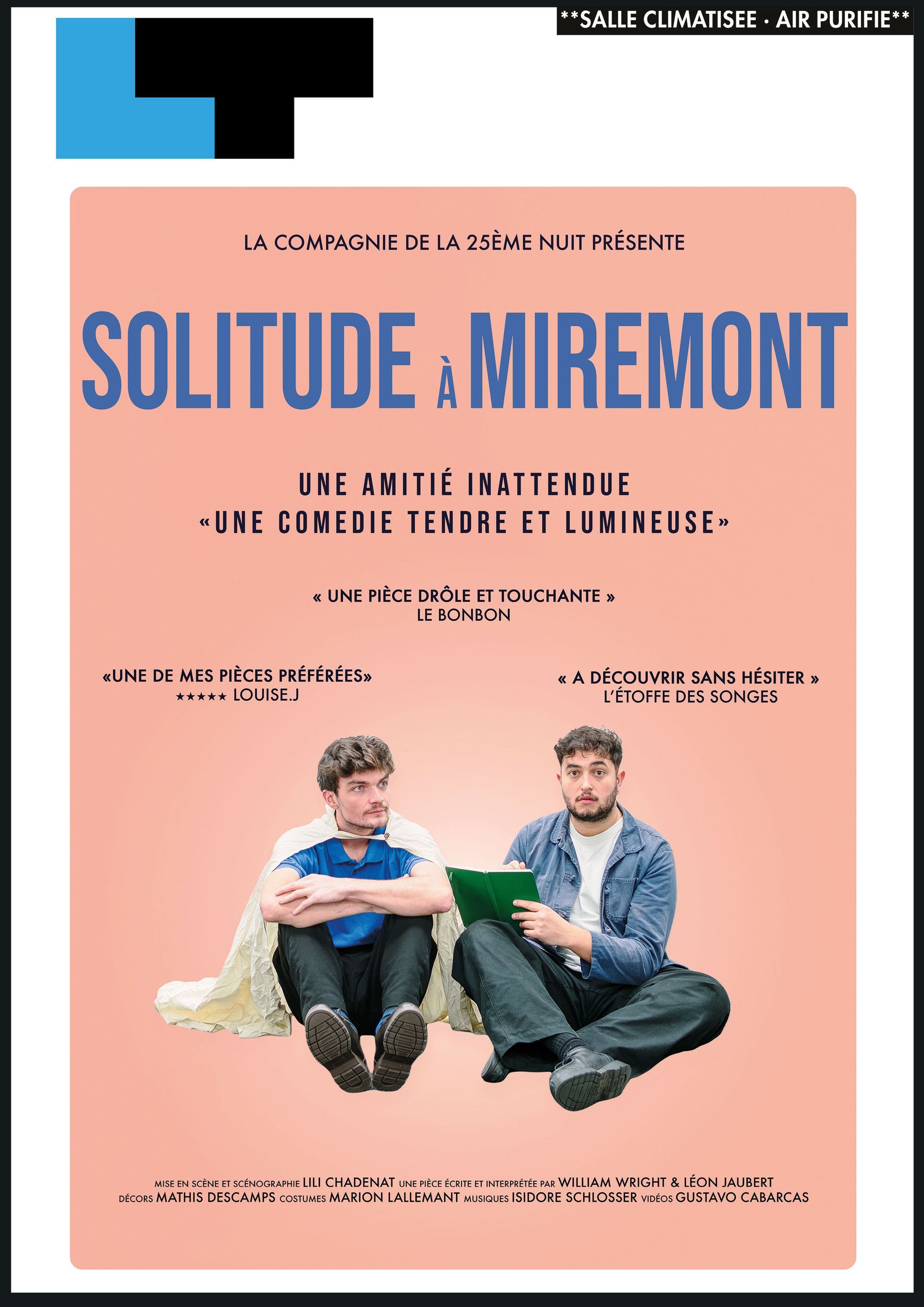 Affiche sur fond pêche pour « Solitude et Miremont », représentant deux personnes assises en bas.