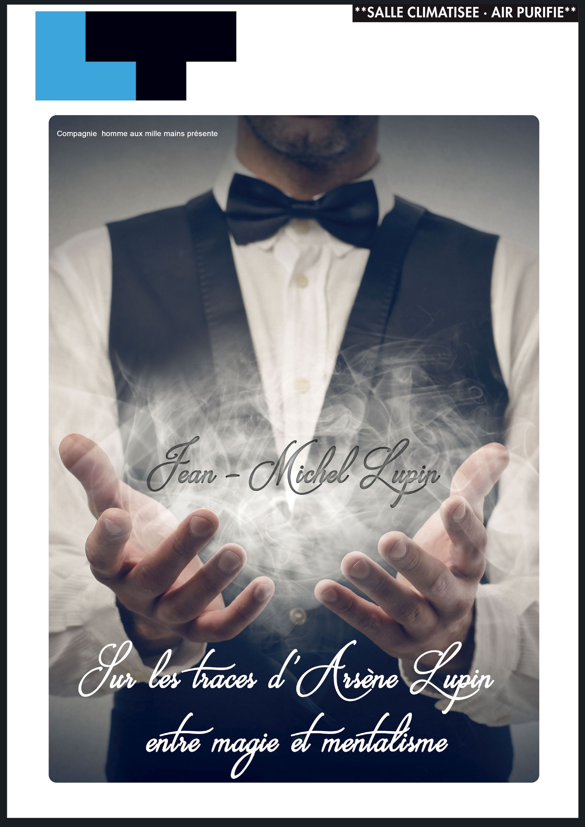 Homme en smoking tenant des mains lumineuses ; texte élégant superposé sur fond sombre.