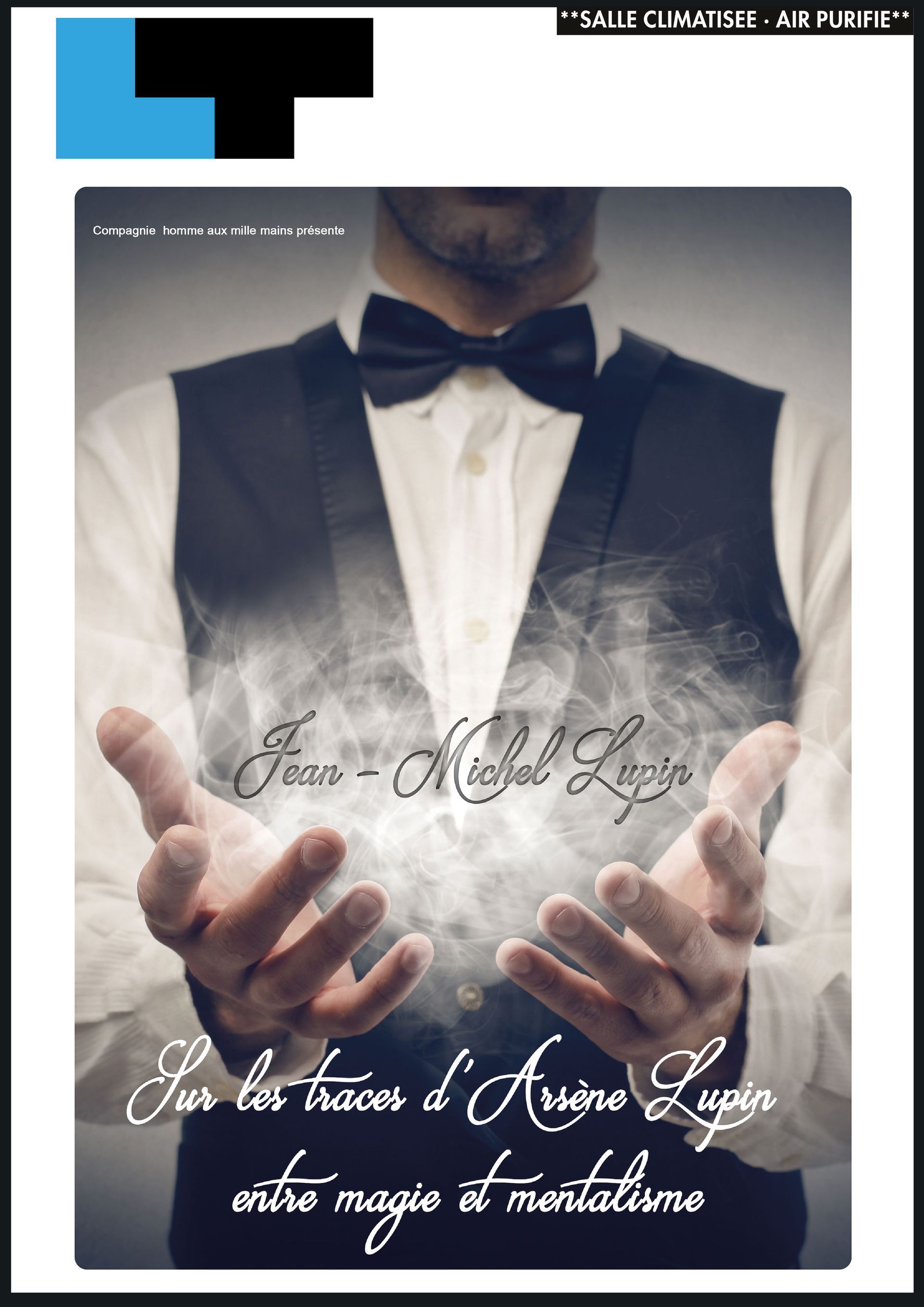 Homme en smoking et nœud papillon tenant dans ses mains jointes un texte lumineux, avec une écriture de style mariage français