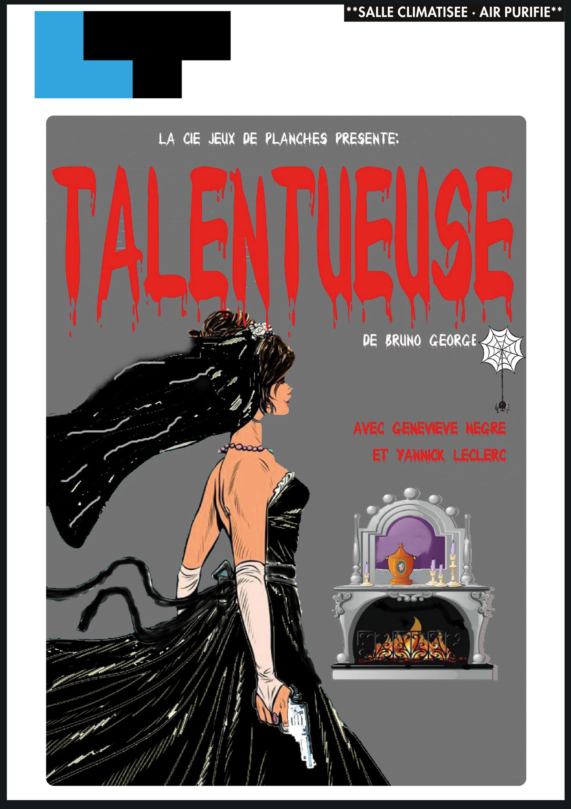 Affiche de film avec une femme en robe noire et le titre rouge « TALENTUEUSE » sur fond gris