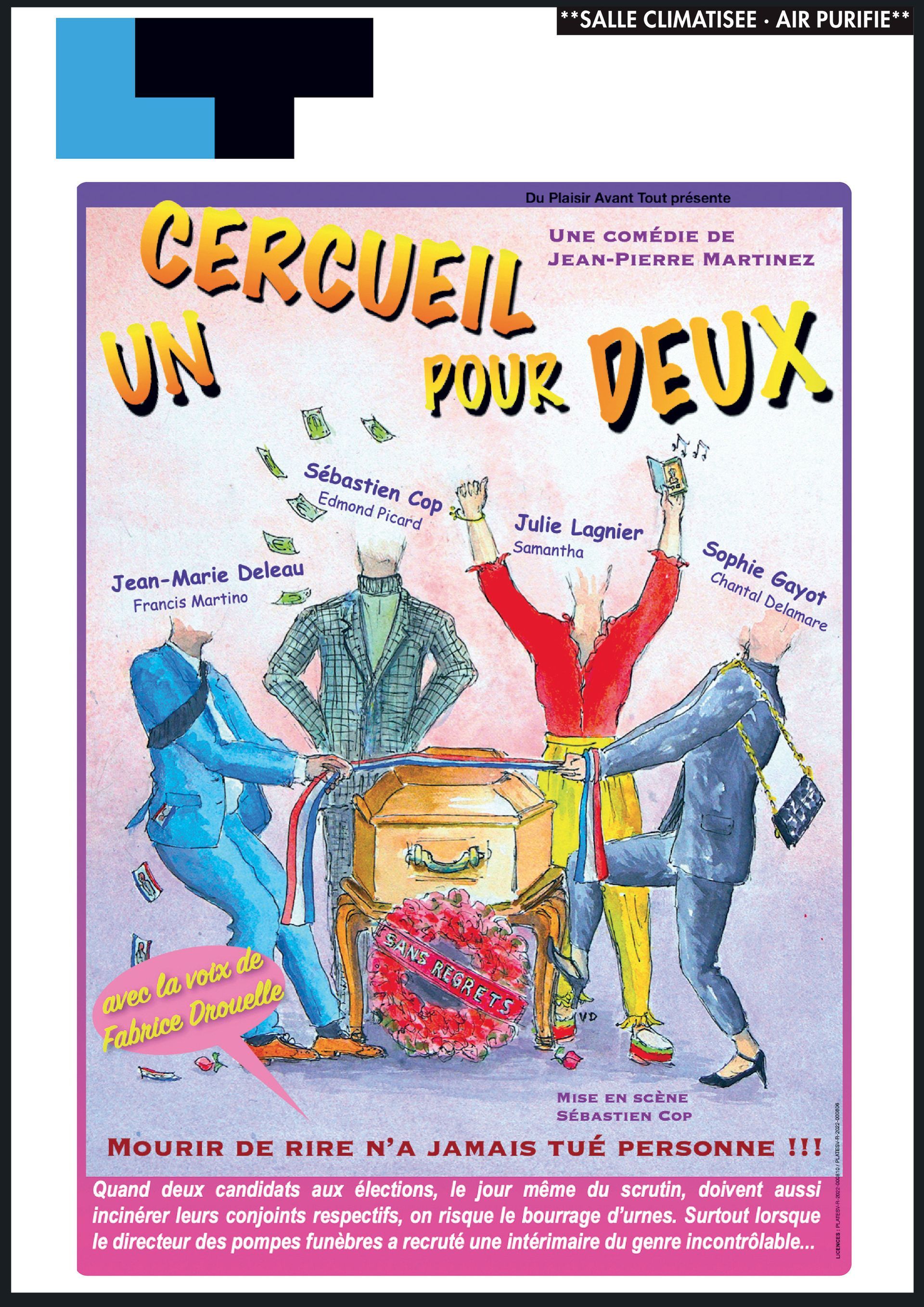 Affiche de théâtre française vintage avec quatre artistes colorés autour d'un tambour et le titre « Cercueil un pour deux »