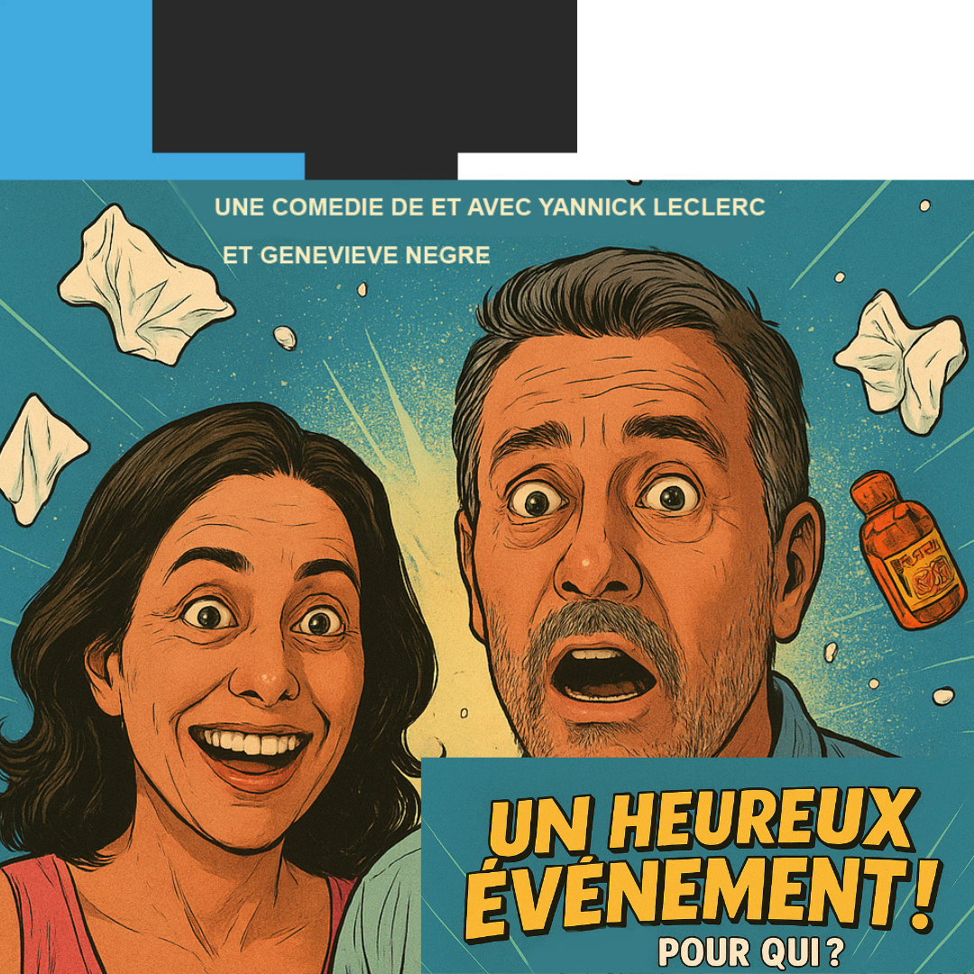 Poster d’une comédie avec deux visages surpris, fond turquoise, texte « Un heureux événement! »