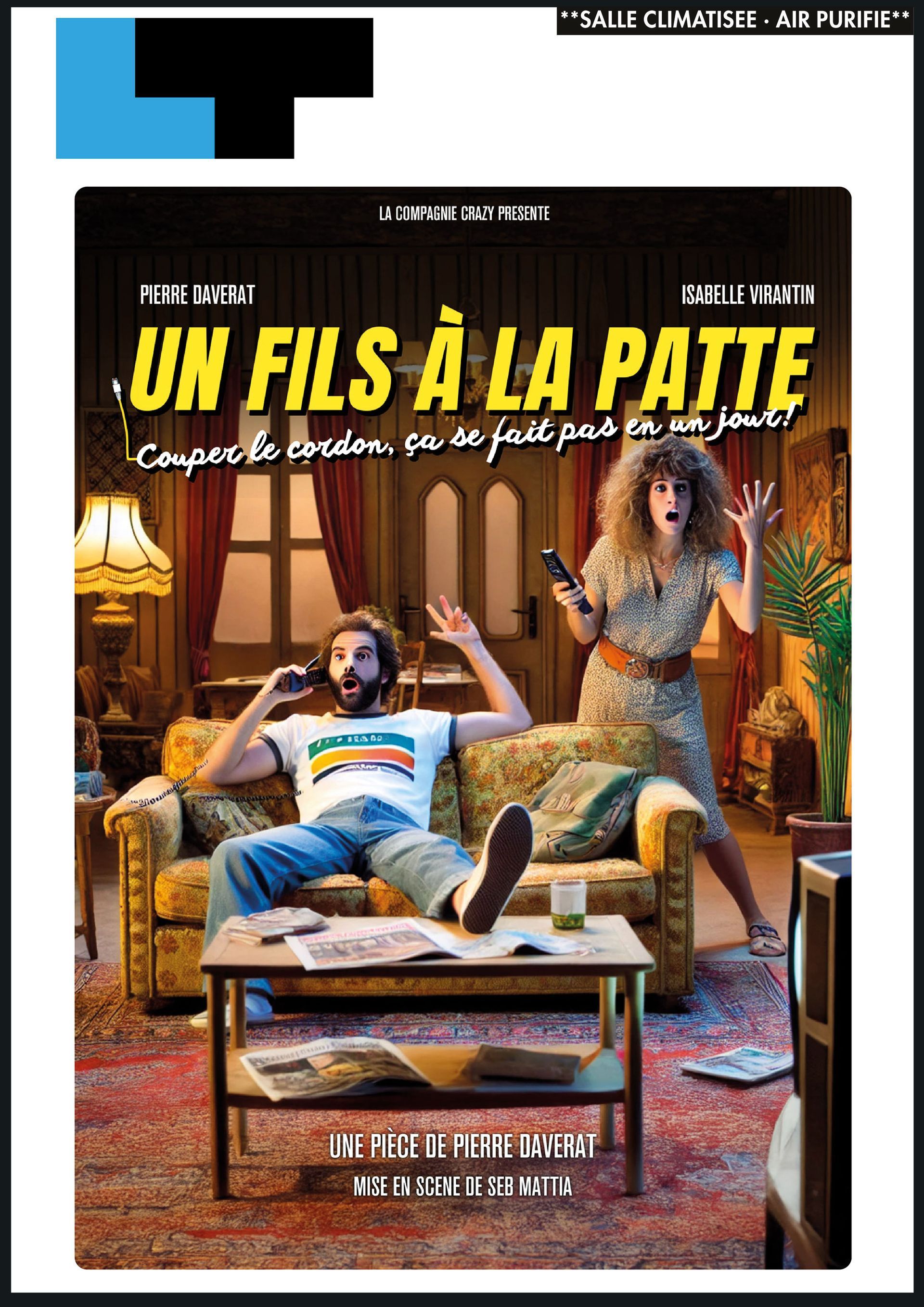 Affiche du film français « Un fils à la patte », avec un homme sur un canapé et une femme debout à côté de lui.