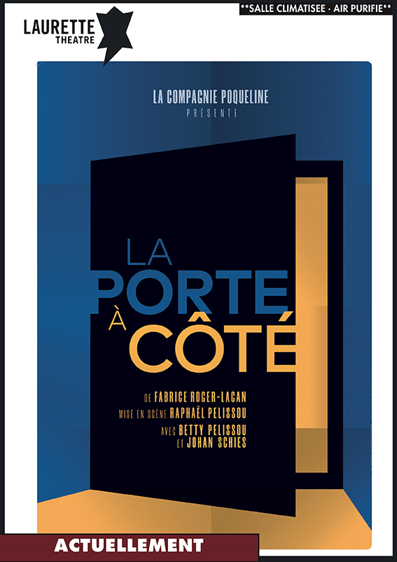 Affiche française pour « La Porte à Côté » avec un design bleu et noir et un titre orange.