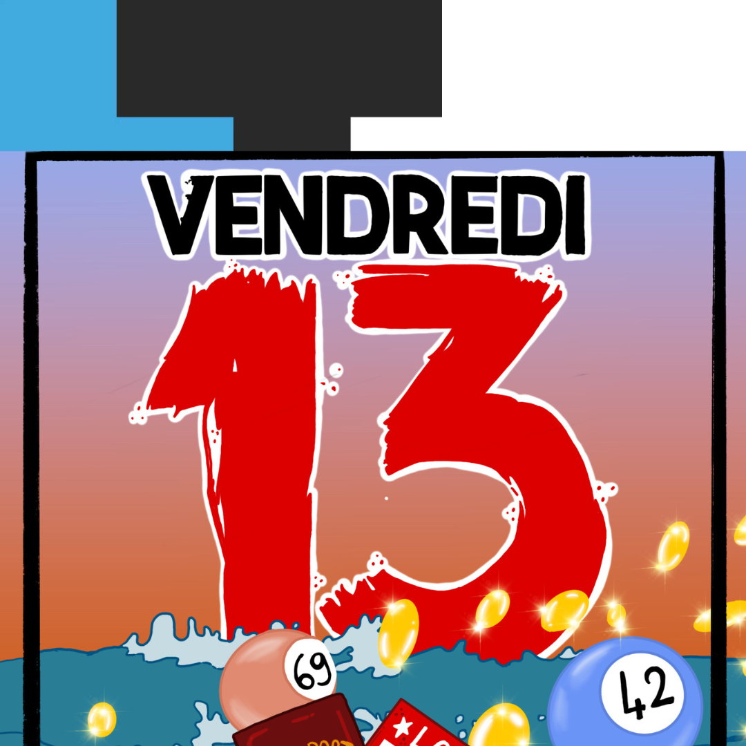 Graphique du calendrier français pour le vendredi 13 avec un grand « 13 » rouge sur fond de ciel de coucher de soleil