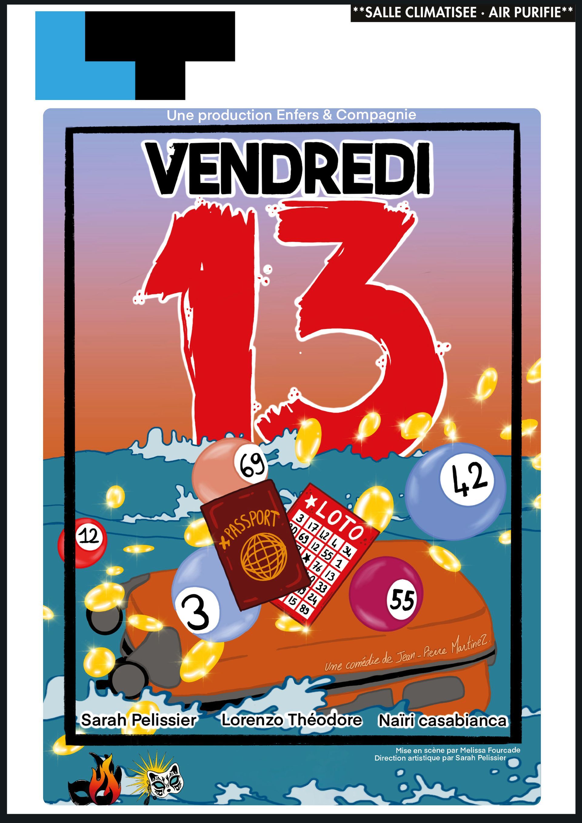 Affiche pour « Vendredi 13 » avec un grand 13 rouge sur une scène océanique inquiétante et des objets numérotés flottants