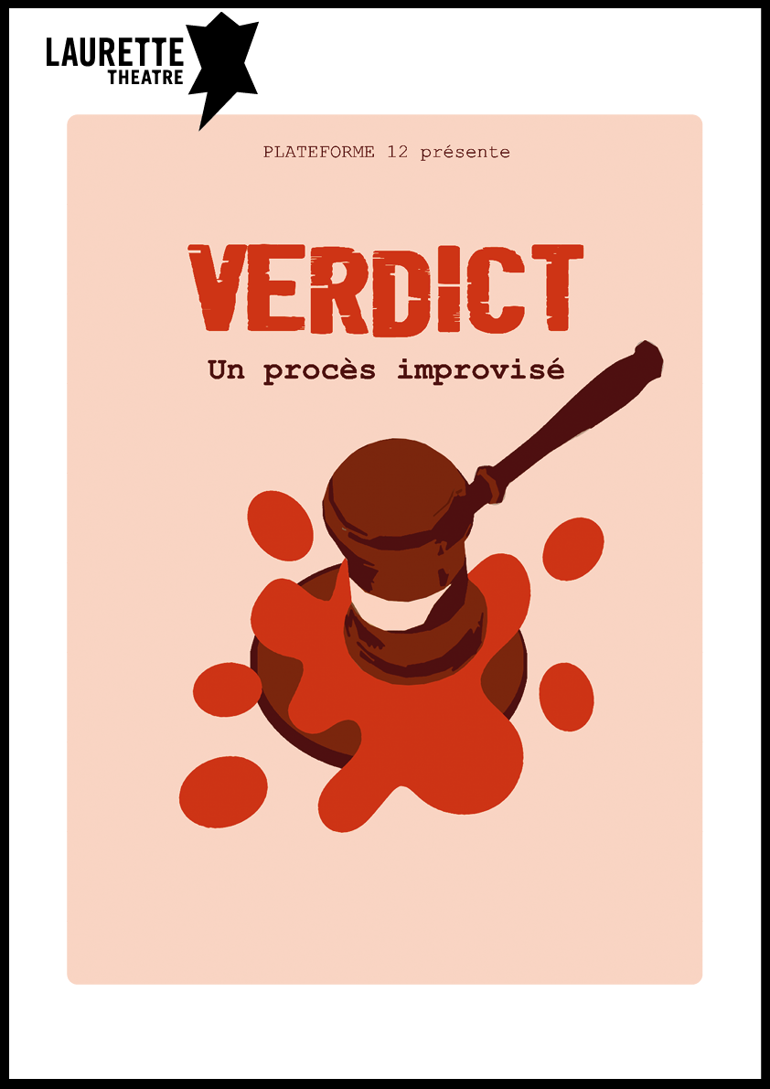 Uhi pukapuka me te taitara "VERDICT" i te whero me te hama i runga i te peita whero i runga i te papamuri beige