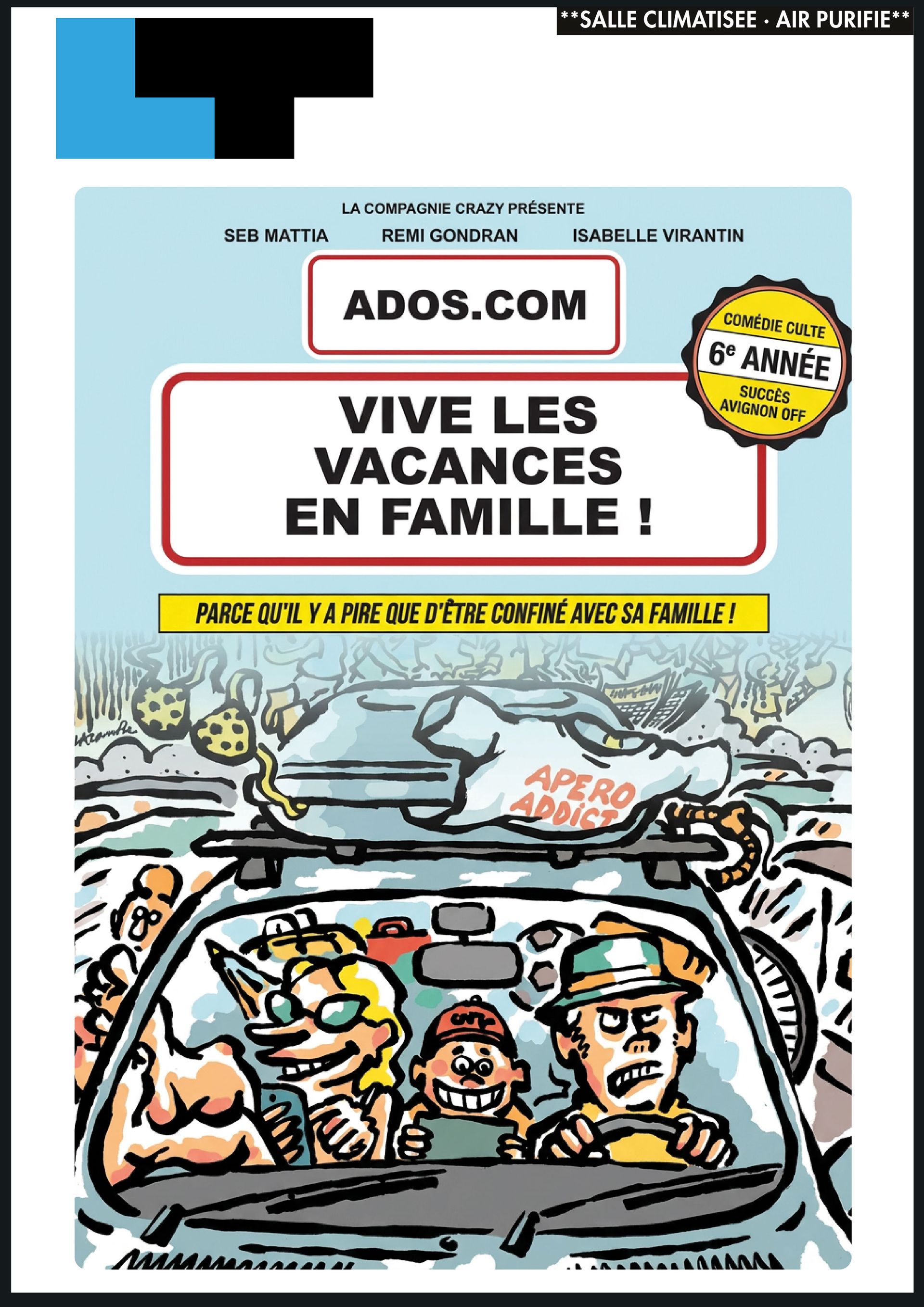 Affiche publicitaire française vintage pour des vacances en famille en voiture, avec une scène de route bondée et le texte en gras « Vive les vacances en famille ! »