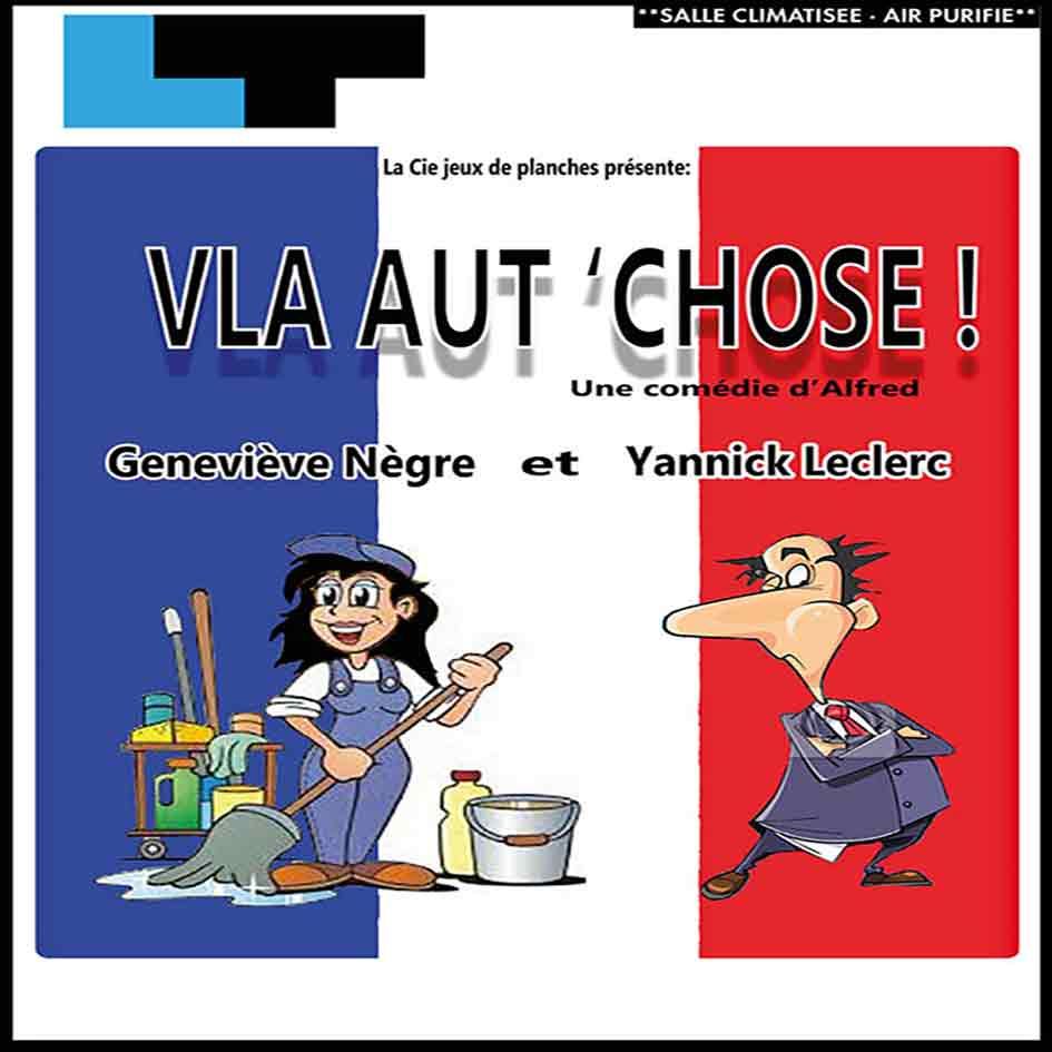 Affiche de théâtre française avec l'inscription « Vla au monde ! » et un personnage de dessin animé : nettoyeur, seau et homme sur fond bleu-rouge.