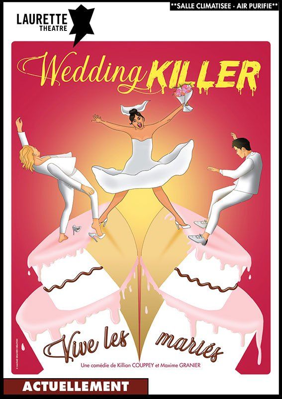 Affiche pour « Wedding Killer » avec deux silhouettes de mariées en robes blanches sur fond rose et le texte « Tuez les marier »