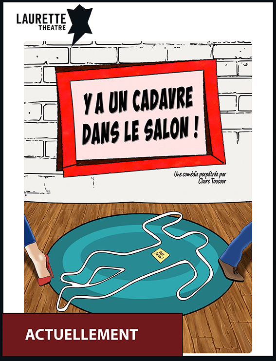 Affiche « Y a un cadavre dans le salon ! » sur un panneau rouge au-dessus d'un sol bleu de salon avec une silhouette de corps