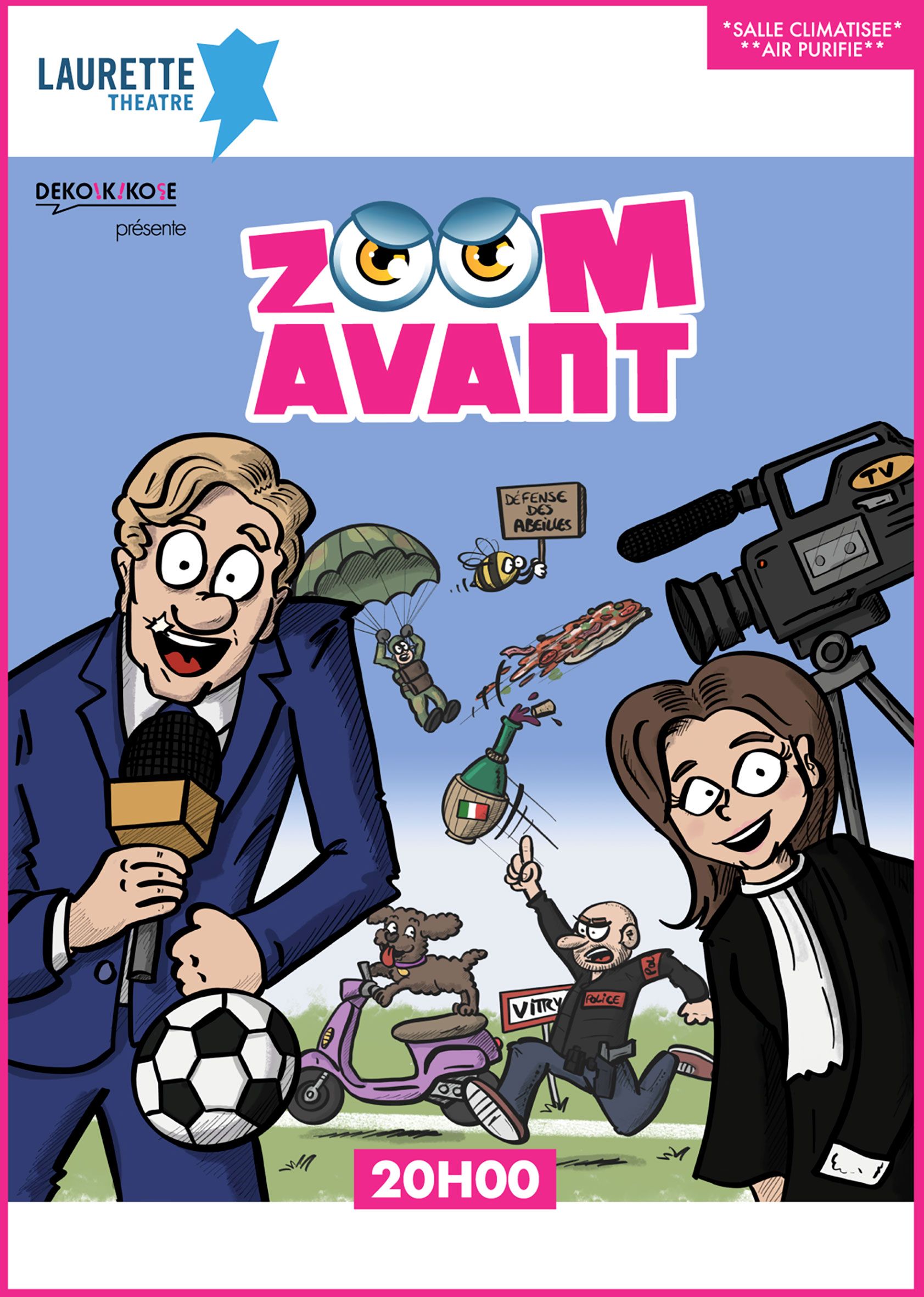 Animasyonlu bir televizyon programının tanıtım videosu: iki sunucu, bir futbol topu, bir kamera ve kentsel bir ortam; ekranda "ZOOM IN" ve 20:00 yazısı görünüyor.