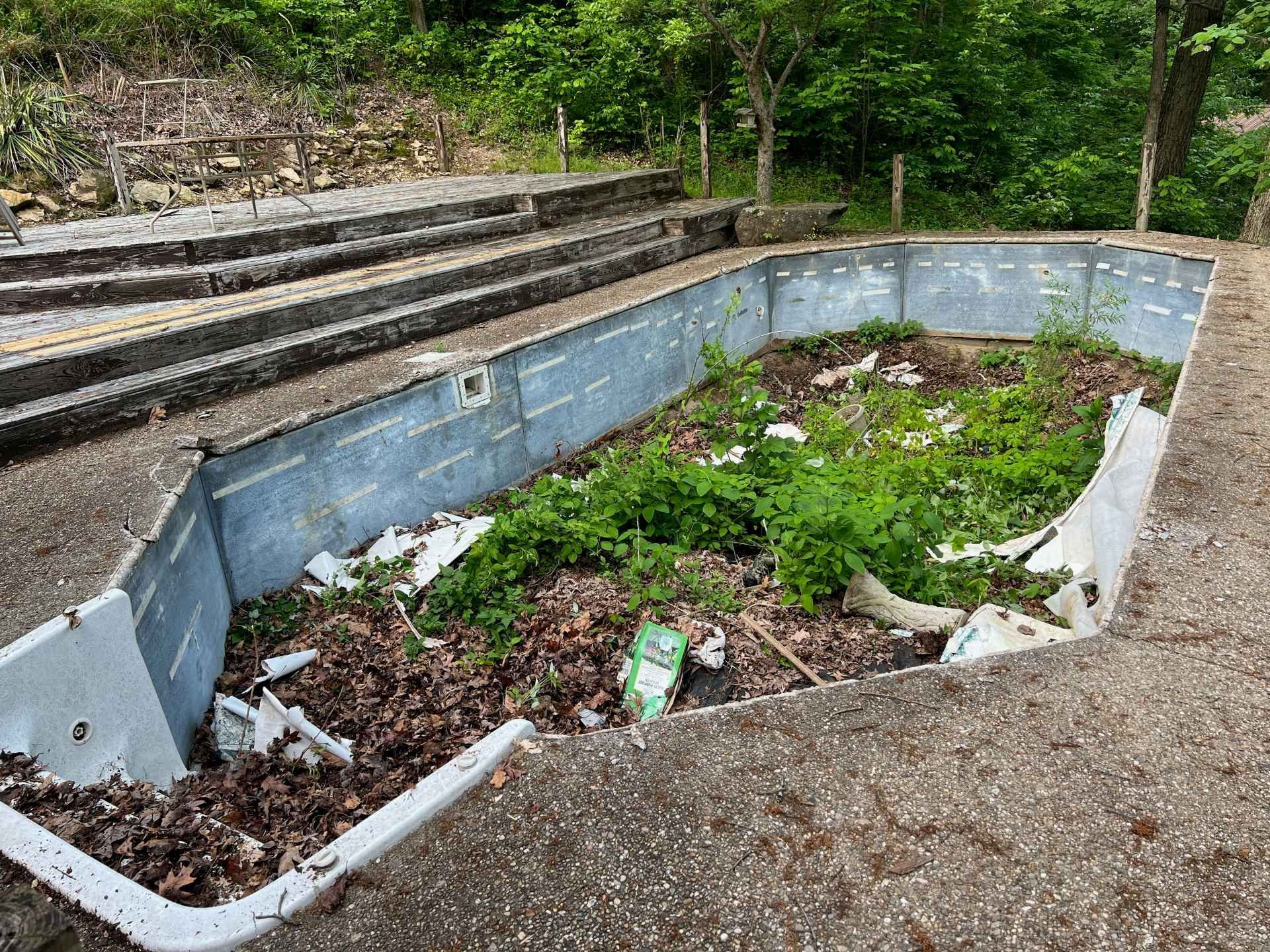 An abandoned, rectangular swimming pool filled with overgrown weeds, dead leaves, and debris next to concrete steps.