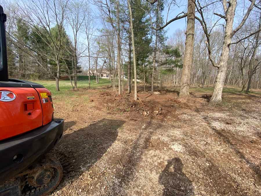 Orange construction equipment sits on a patch of cleared land with trees in the background on a sunny day.