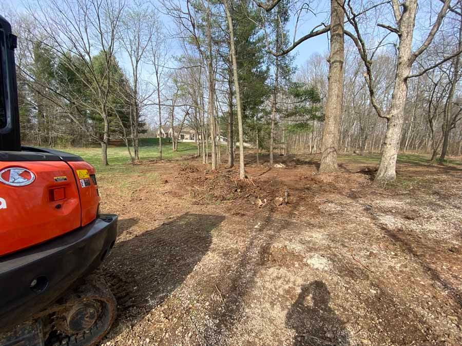 An orange Kubota excavator parked on a dirt path next to a line of trees in a clearing.