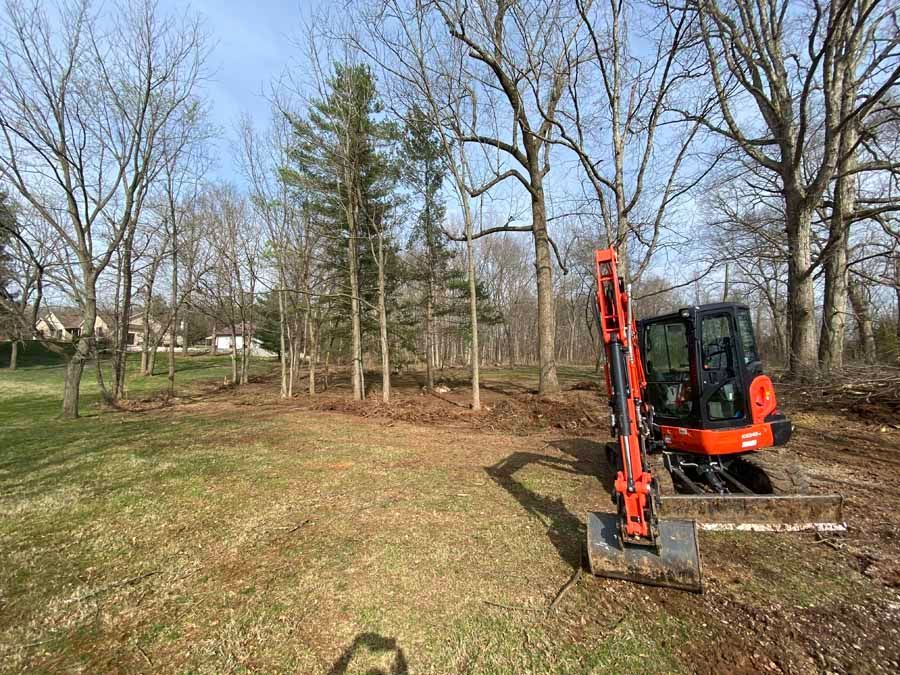 An orange Kubota mini excavator parked in a clearing with scattered trees and a grassy field under a bright blue sky.
