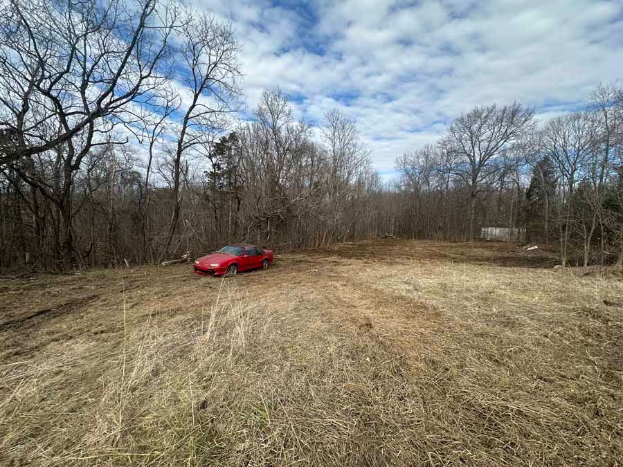 A bright red sports car parked in a dry, grassy field near a dense forest line under a cloudy sky.
