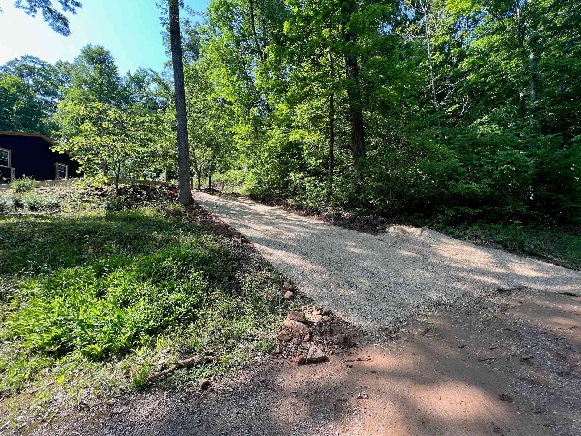 A gravel driveway leads from a dirt road toward a black building partially hidden by trees in a bright, wooded area.