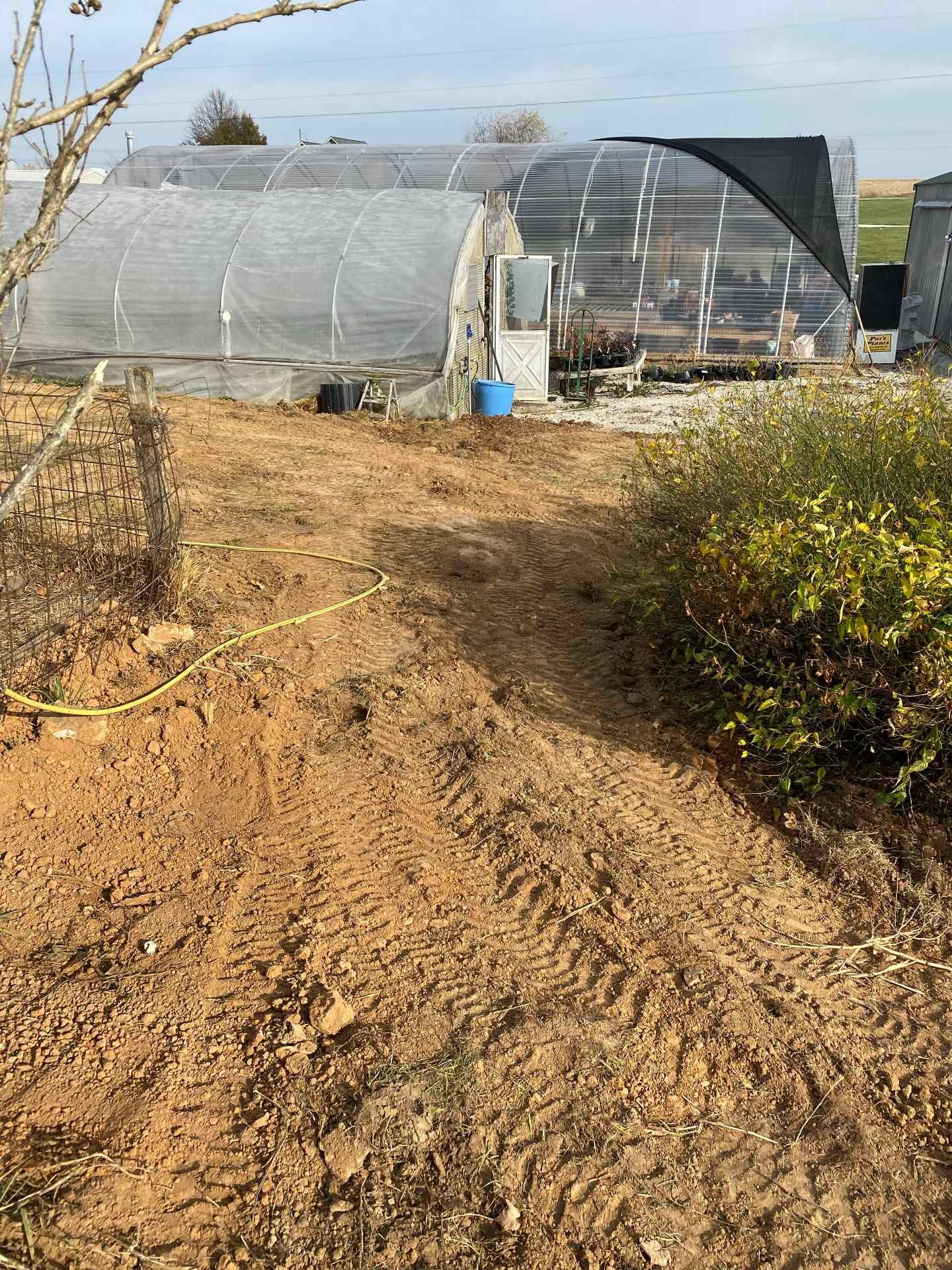 A dirt path leads toward two greenhouses in a rural outdoor setting.