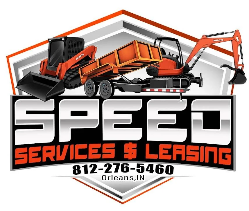Logo for Speed Services & Leasing in Orleans, IN, featuring construction equipment above bold black and orange text.