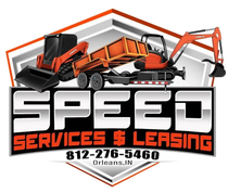 Logo for Speed Services & Leasing in Orleans, IN, featuring construction equipment above bold black and orange text.