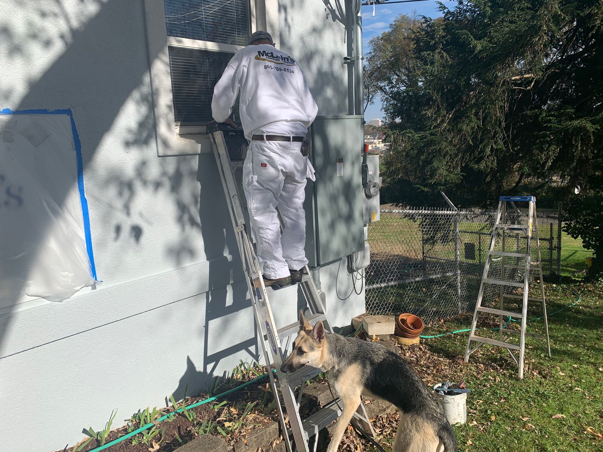 A man is standing on a ladder painting the side of a house.