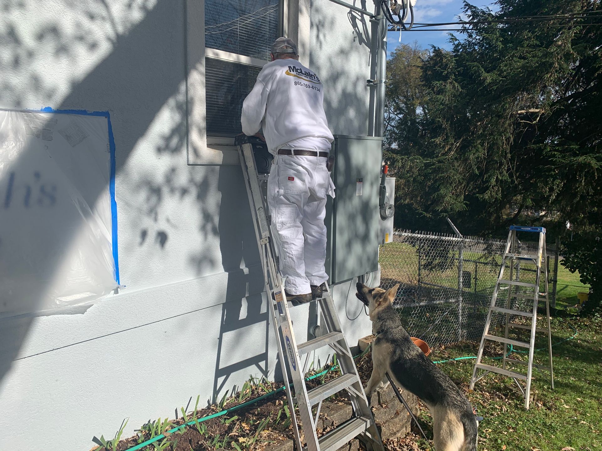 A man is standing on a ladder painting a window on a house.