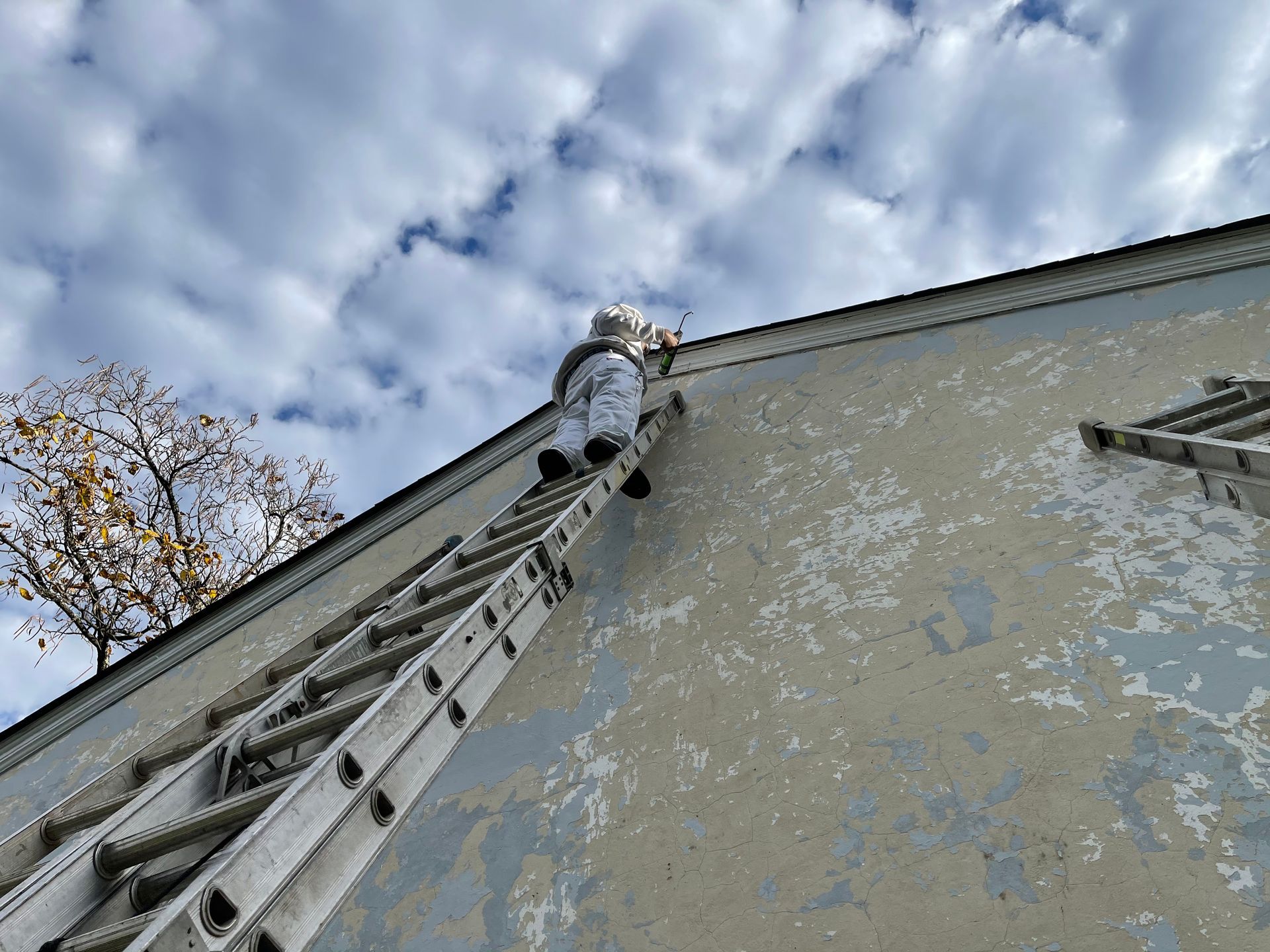 A person is standing on a ladder on the side of a building.