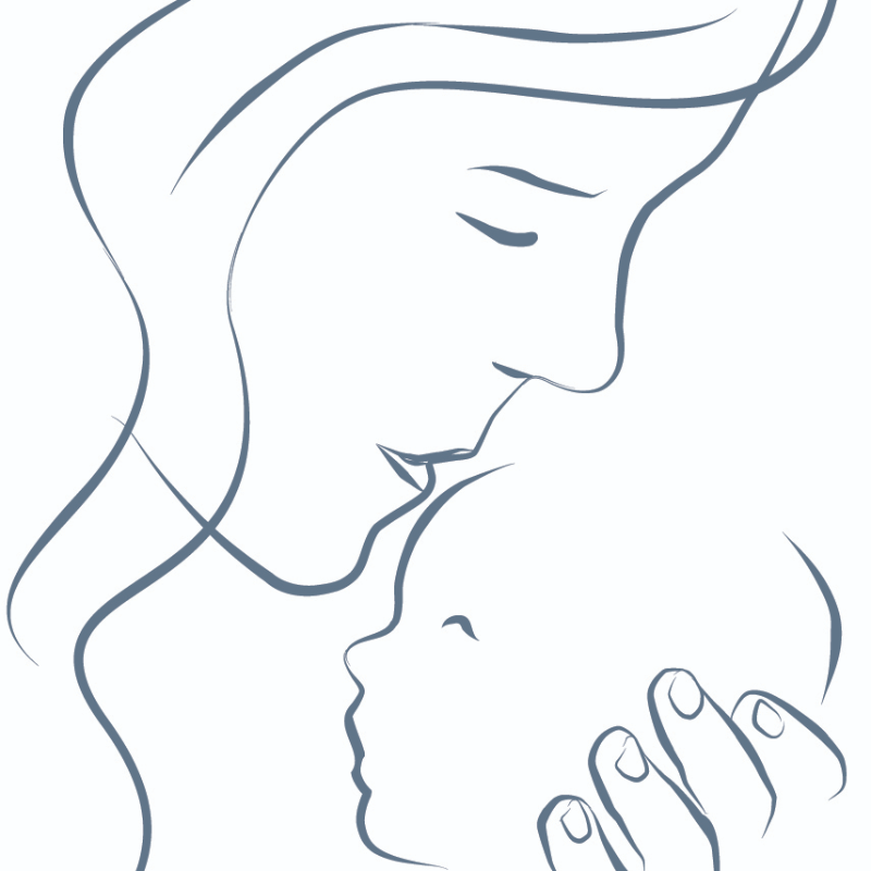 A drawing of a woman holding a baby in her arms.