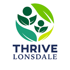 The logo for thrive lonsdale is a circle with leaves and people in it.
