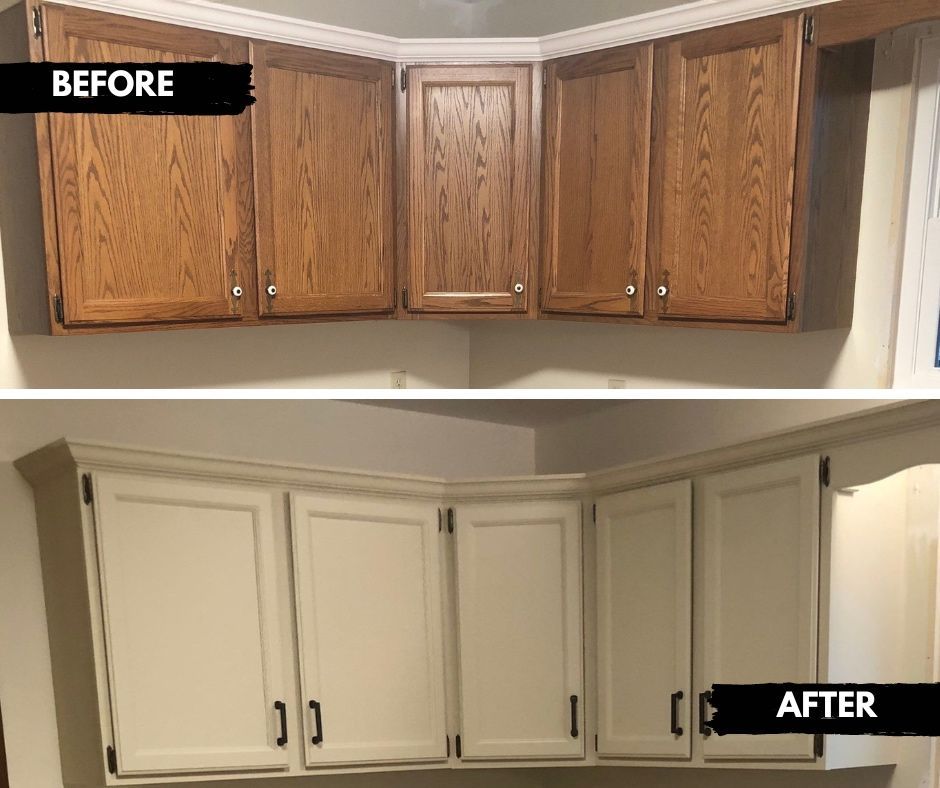 A before and after picture of a kitchen cabinet being painted white.
