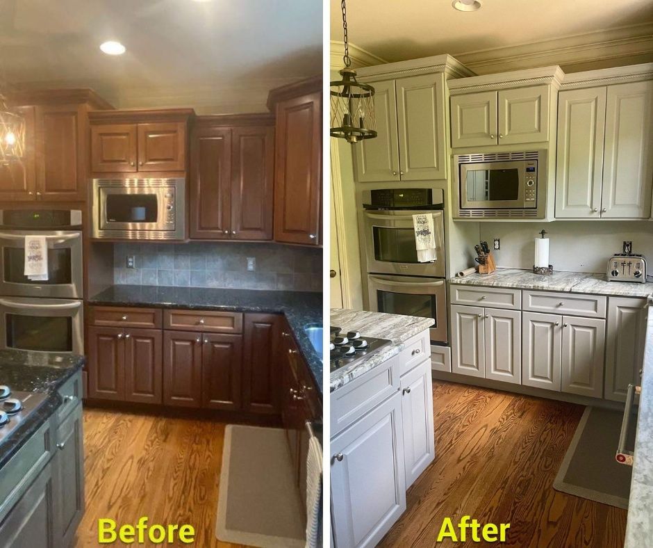 A before and after photo of a kitchen with wooden cabinets and white cabinets.