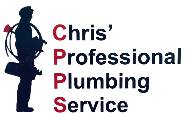 A logo for chris ' professional plumbing service with a silhouette of a man holding a hose.