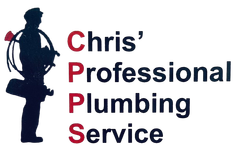 A logo for chris ' professional plumbing service with a silhouette of a man holding a hose.