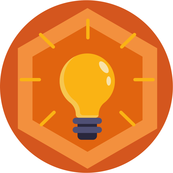Ícone hexagonal laranja com uma lâmpada amarela e pequenos raios, simbolizando uma ideia ou inovação.