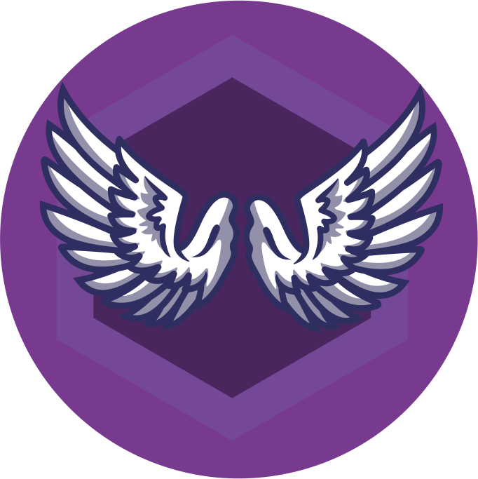 Logotipo circular roxo com emblema alado branco e centro hexagonal escuro.
