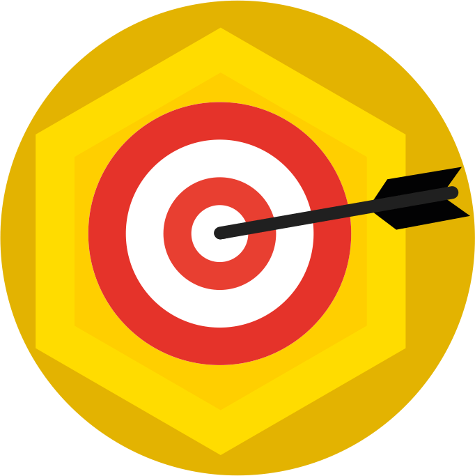 Dardo atingindo o centro de um alvo vermelho e branco sobre um fundo hexagonal amarelo.