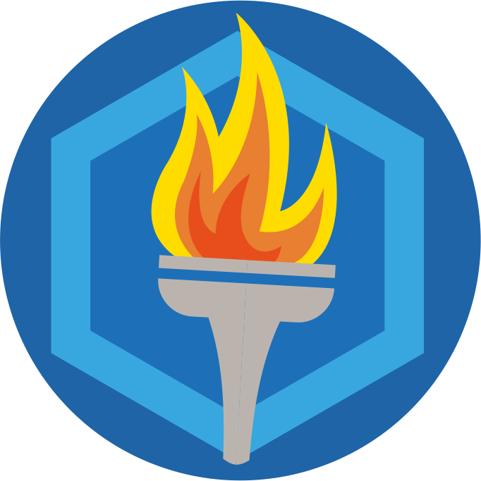 Logotipo hexagonal azul com uma tocha e uma chama amarelo-alaranjada no centro.
