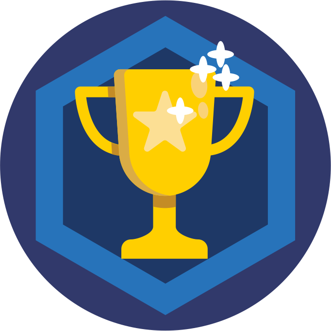 Troféu dourado com estrelas brancas dentro de um emblema hexagonal azul sobre um fundo circular azul escuro.