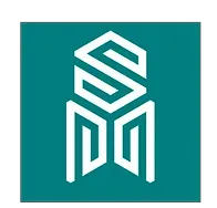 Logotipo geométrico branco com monograma sobre fundo quadrado azul-petróleo.