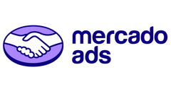 Logotipo do Mercado Ads com um ícone de aperto de mãos em texto roxo e azul.