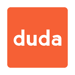 Logotipo laranja da Duda com texto em letras minúsculas brancas dentro de um quadrado arredondado
