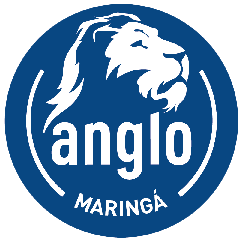 Logotipo azul da Anglo Maringá com cabeça de leão branca e texto circular.