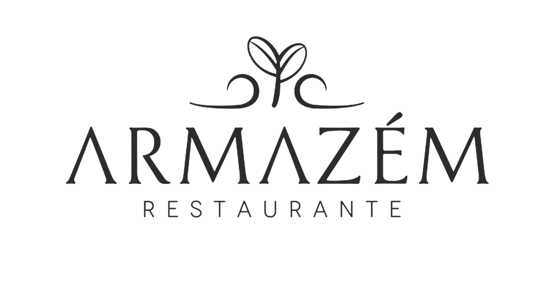 Logotipo do Restaurante Armazém em preto sobre fundo branco com ícone estilizado de planta acima do nome.